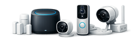 Home security system components: Hub, door sensors, indoor and outdoor cameras, doorbell camera. White and black.