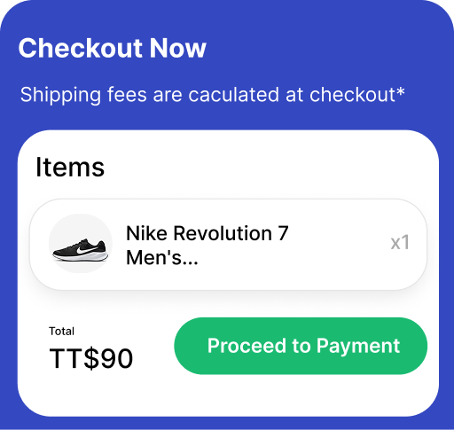 Checkout summary: Nike Revolution 7 shoes, total TT$90. Proceed to payment button.