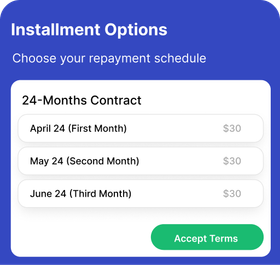 Installment options for 24-month contract with payment schedule. Includes accept terms button.