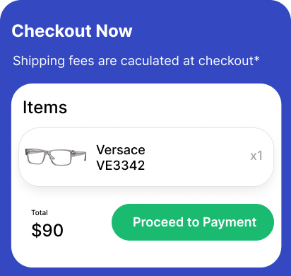 Checkout summary: one Versace eyeglasses frame, total $90, with 