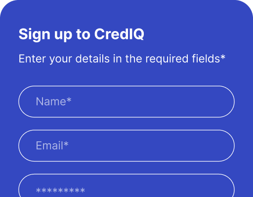 Sign-up form for CredIQ. Includes fields for name, email, and password. Blue background with white text and fields.