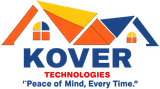 Logo for Kover Technologies: Stylised house roof in orange, yellow, and blue above the blue text