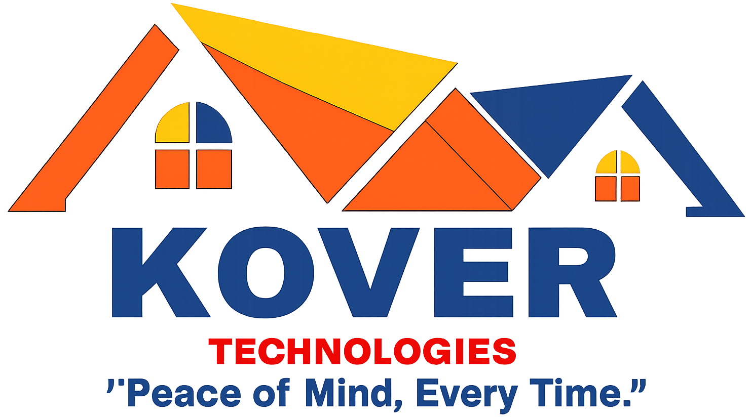 Logo for Kover Technologies: Stylised house roof in orange, yellow, and blue above the blue text