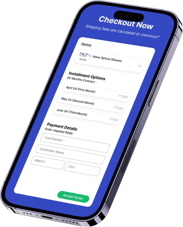 A phone screen shows a checkout form. Blue background, installment options, payment details.