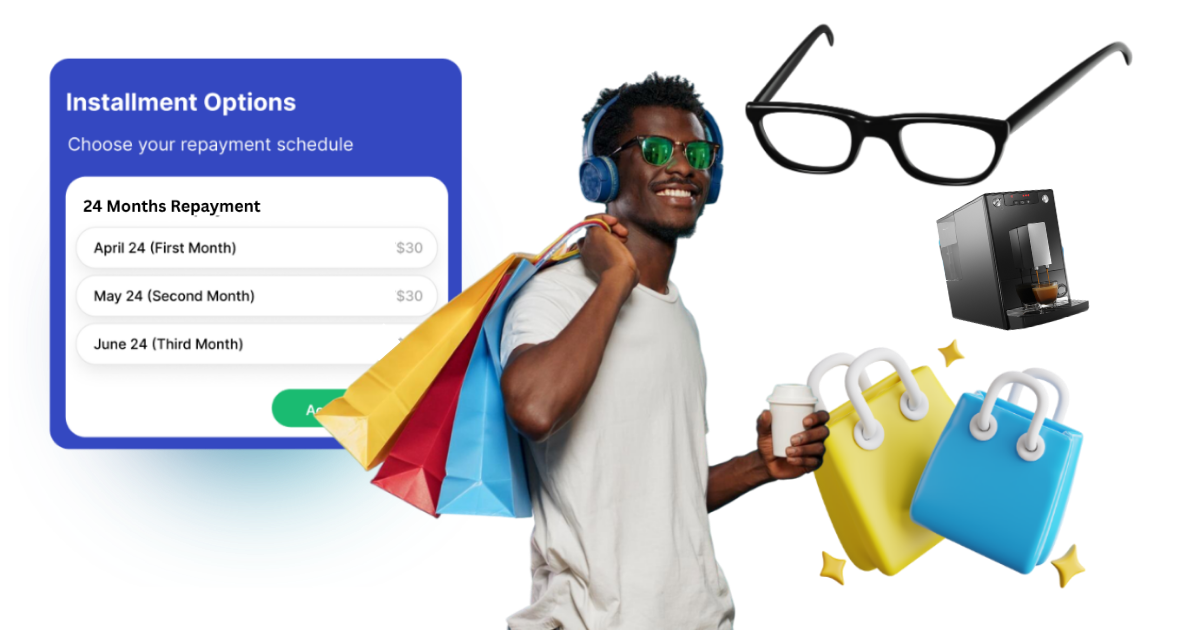 Man with shopping bags, coffee, and headphones; installment options and product illustrations.