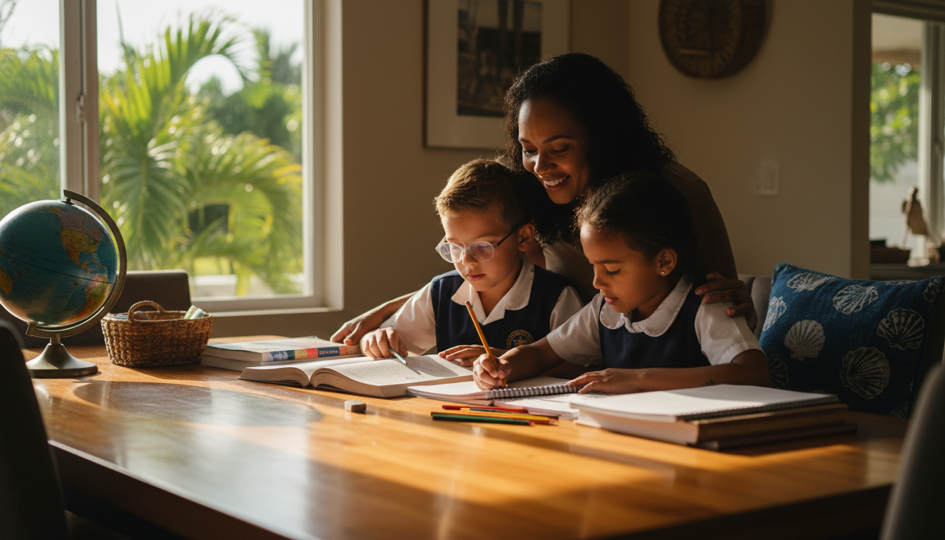 A smiling person assists two children in school uniforms with their studies at a wooden table with a globe nearby.