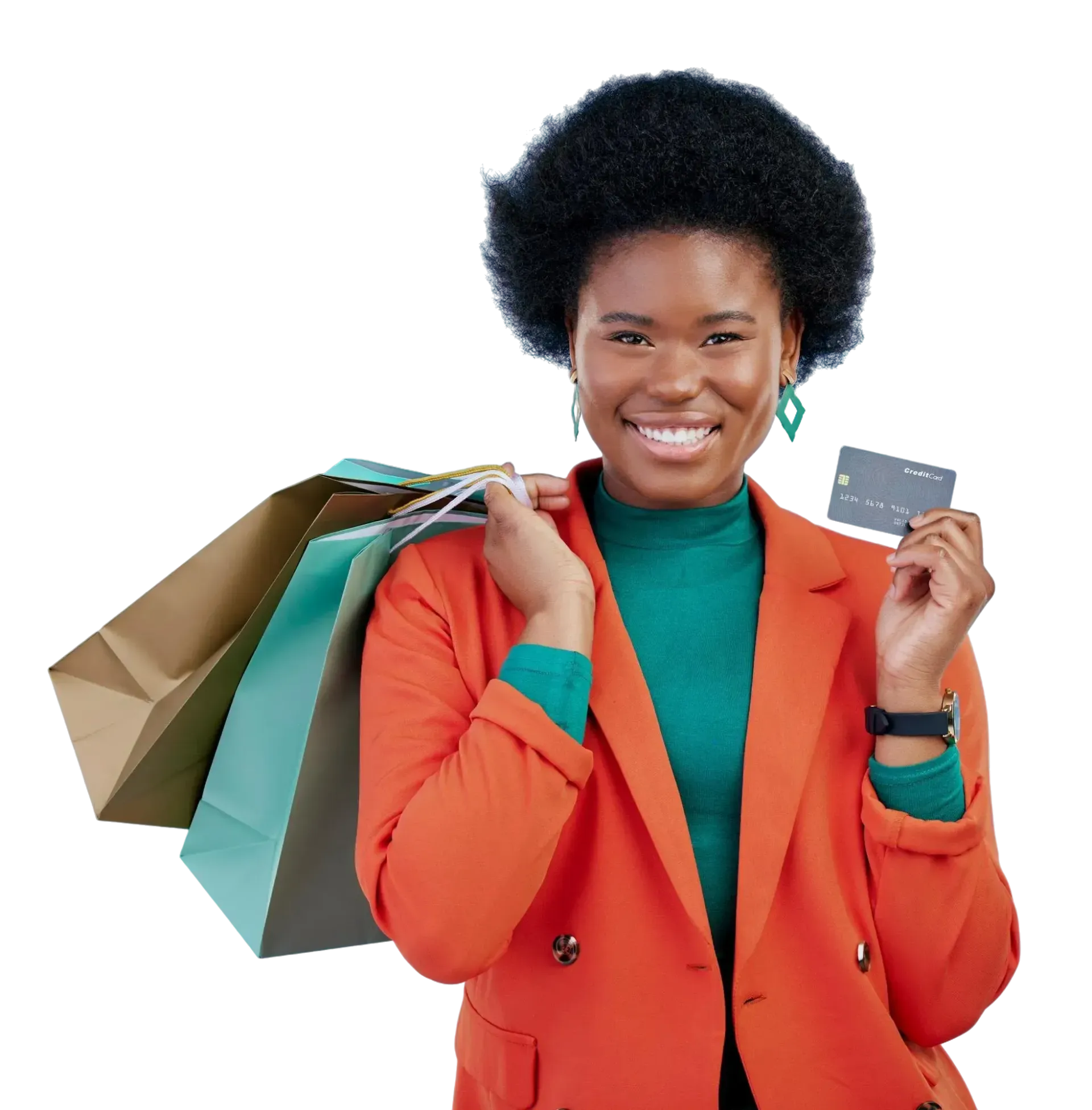 Smiling woman with afro holding shopping bags and a credit card.