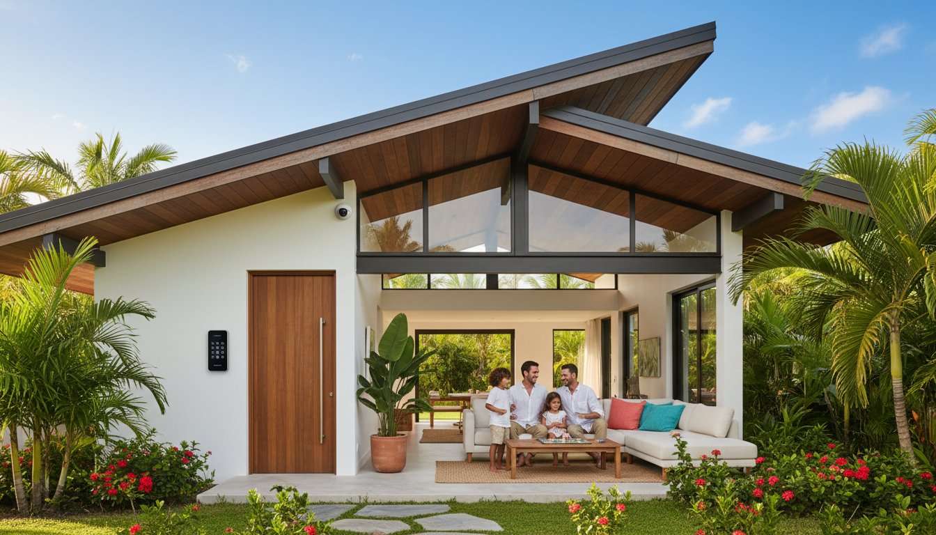 A family sitting on a sofa in a modern, open-concept tropical home with a wooden door and surrounding lush greenery.