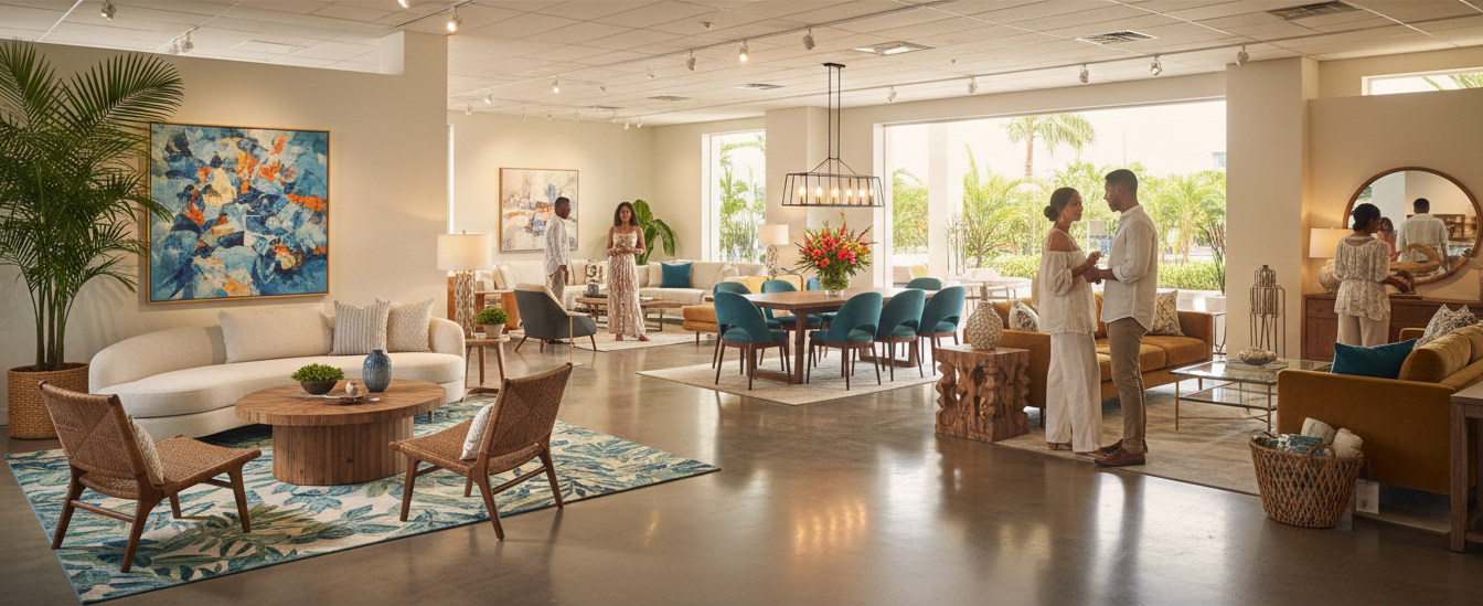 A bright, modern furniture showroom featuring living and dining sets with contemporary decor and large windows.