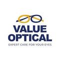 Logo for Value Optical: blue and gold eyeglasses above the text 