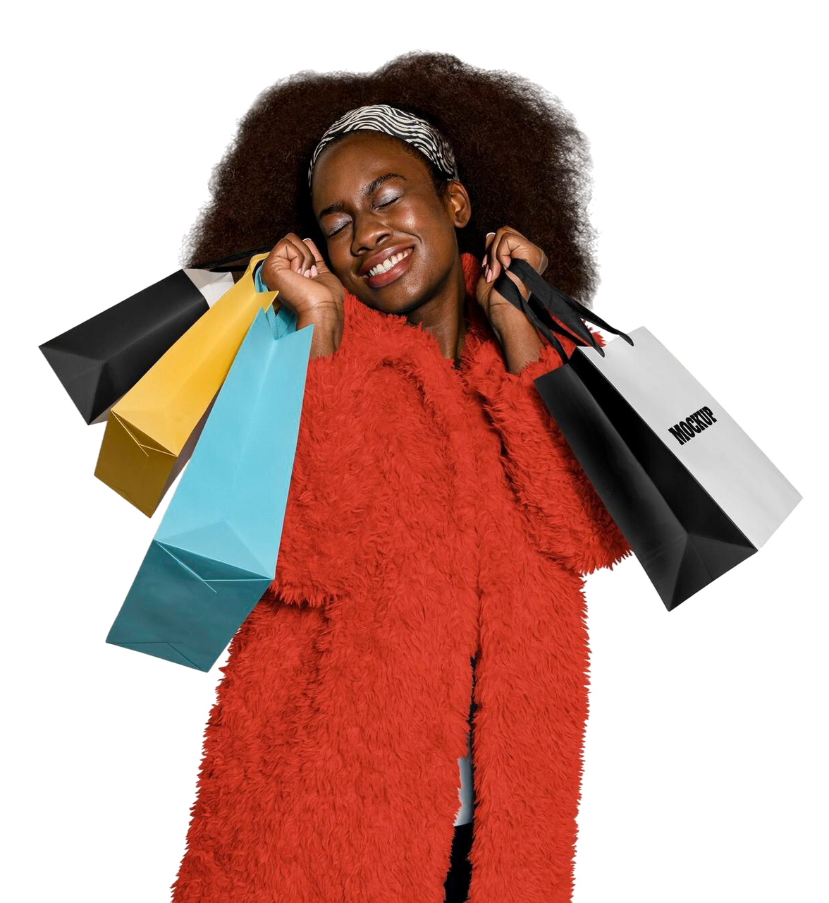 Woman with big hair and red coat smiles, holding colorful shopping bags.