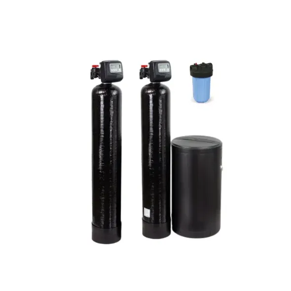 Two black water filtration tanks, a blue cartridge filter, and a black cylindrical container on white background