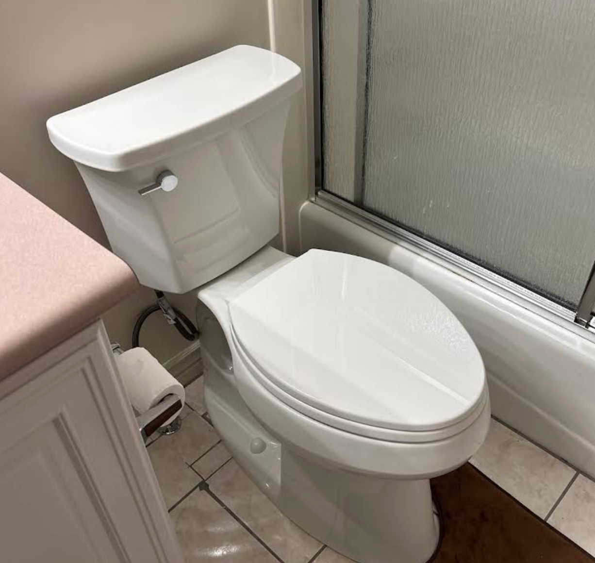 Compact white toilet beside frosted glass shower door in a small bathroom