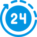 Blue 24-hour clock icon with circular arrow and dashed ring