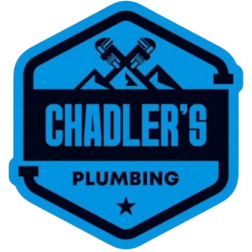 Blue plumbing logo with crossed wrenches and the text “CHADLER’S PLUMBING” inside a hexagon shape