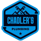 Blue plumbing logo with crossed wrenches and the text &ldquo;CHADLER&rsquo;S PLUMBING&rdquo; inside a hexagon shape