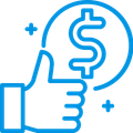 Blue thumbs-up with dollar sign inside a circle and plus symbols, suggesting approval or money.