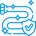 Blue line icon of a winding path with sparkles and a shield checkmark, suggesting secure workflow