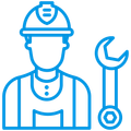 Blue line icon of a construction worker with hard hat and wrench tool
