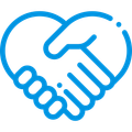 Blue line-art handshake forming a heart shape, symbolizing partnership or support