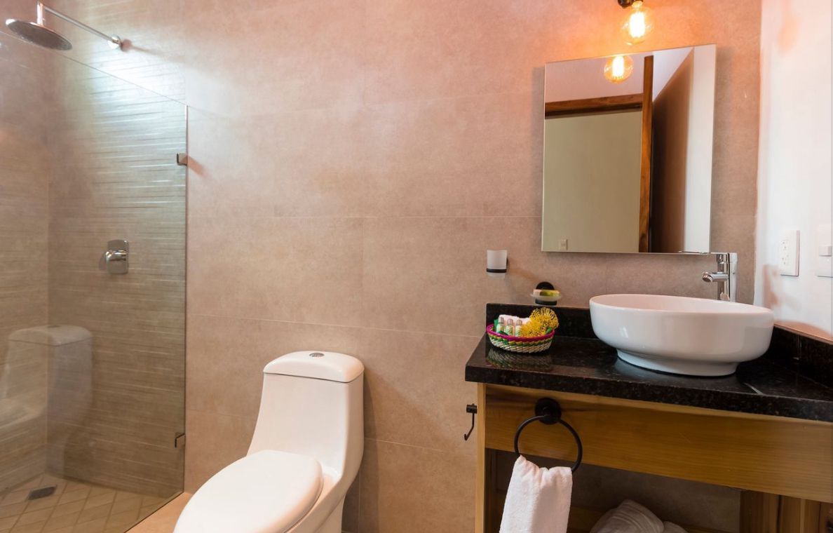 A bathroom with a toilet , sink , mirror and walk in shower.