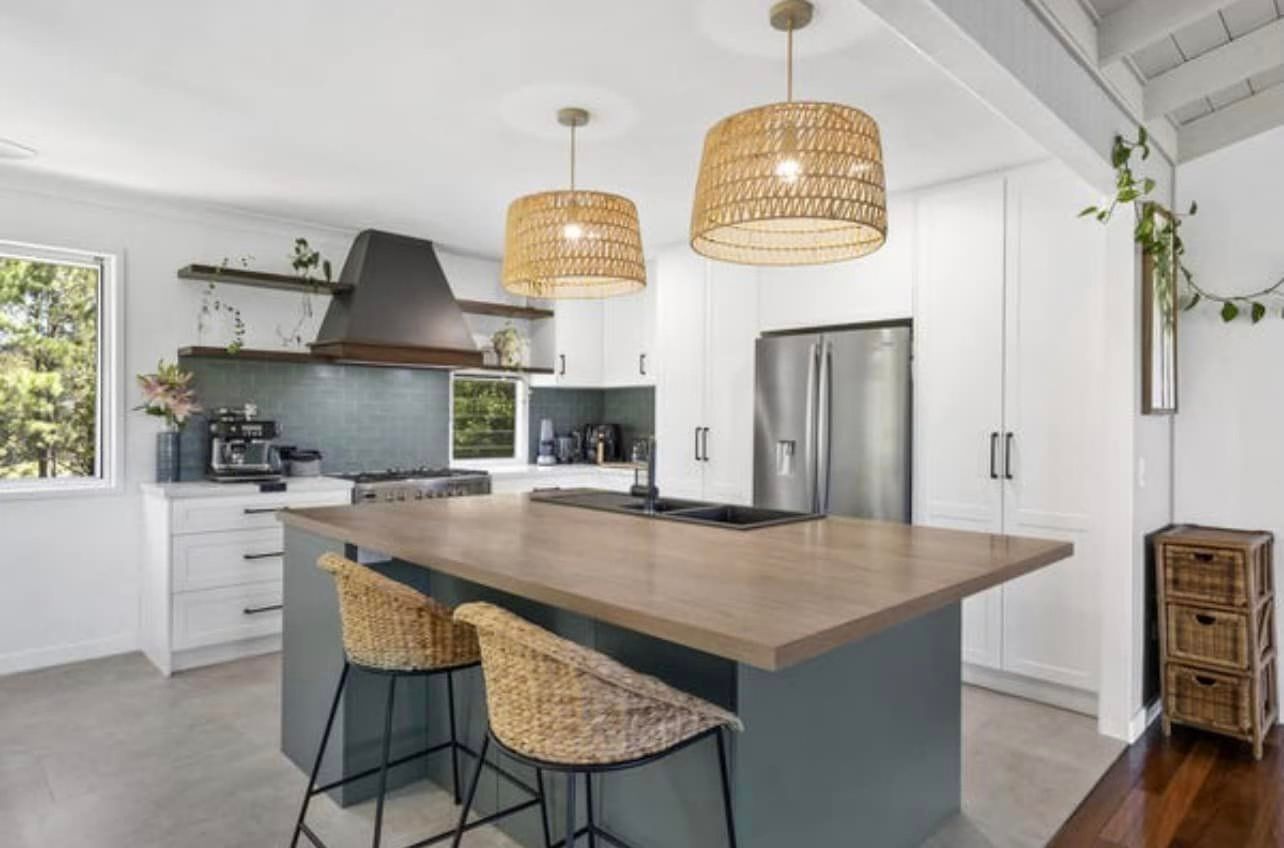 A White Cabinet With A Wooden Top And Drawers — Simonetto'S Cabinets & Joinery in Nambour, QLD