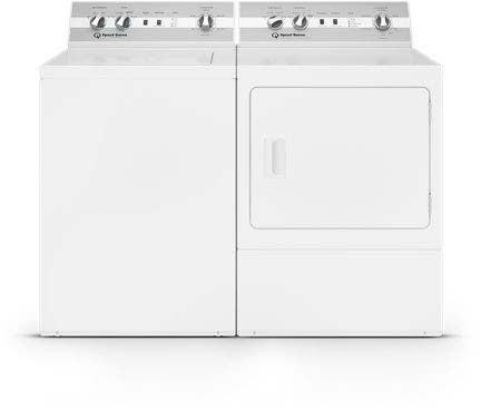 A white Speed Queen washer and dryer set on a white background.