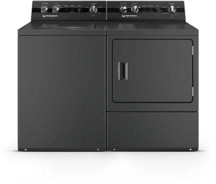 A matte black Speed Queen washer and dryer set on a white background.