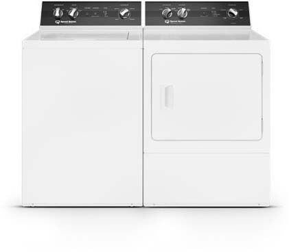 A white Speed Queen washer and dryer are sitting next to each other on a white background.