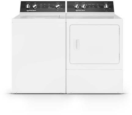 A white Speed Queen washer and dryer are sitting next to each other on a white background.