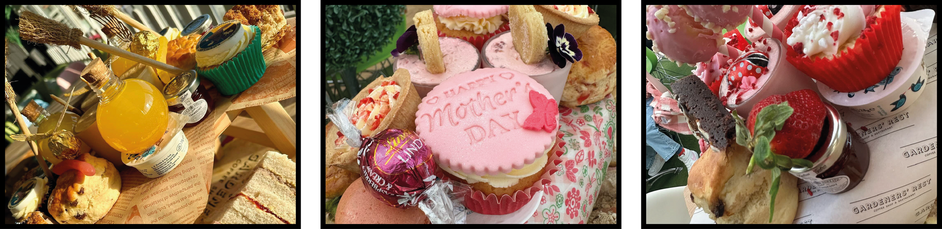 Three close-up shots of desserts. One has an egg yolk on crackers, the next, a pink frosted cupcake, the third, stuffed strawberries.