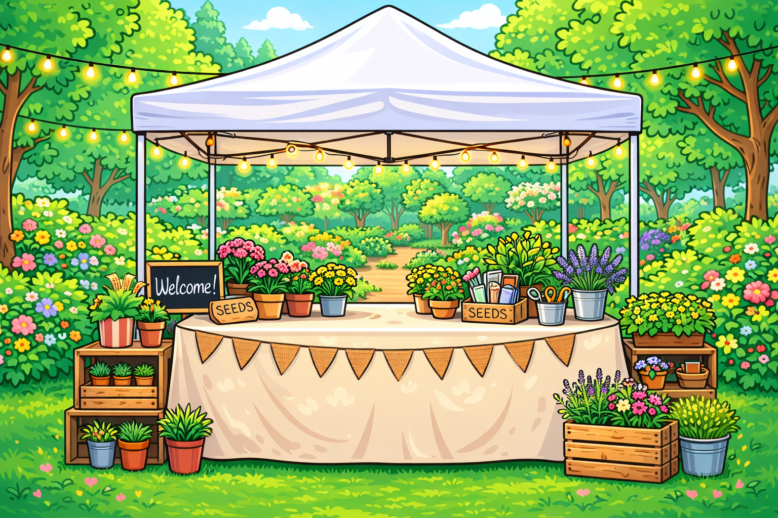 Flower market stall in a sunny garden with a variety of potted plants and a welcome sign.
