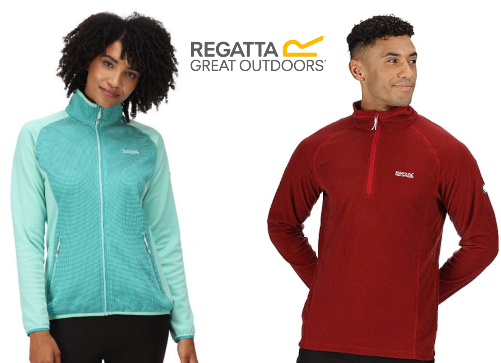 Woman in teal zip-up jacket and man in red quarter-zip fleece, posing next to Regatta logo.