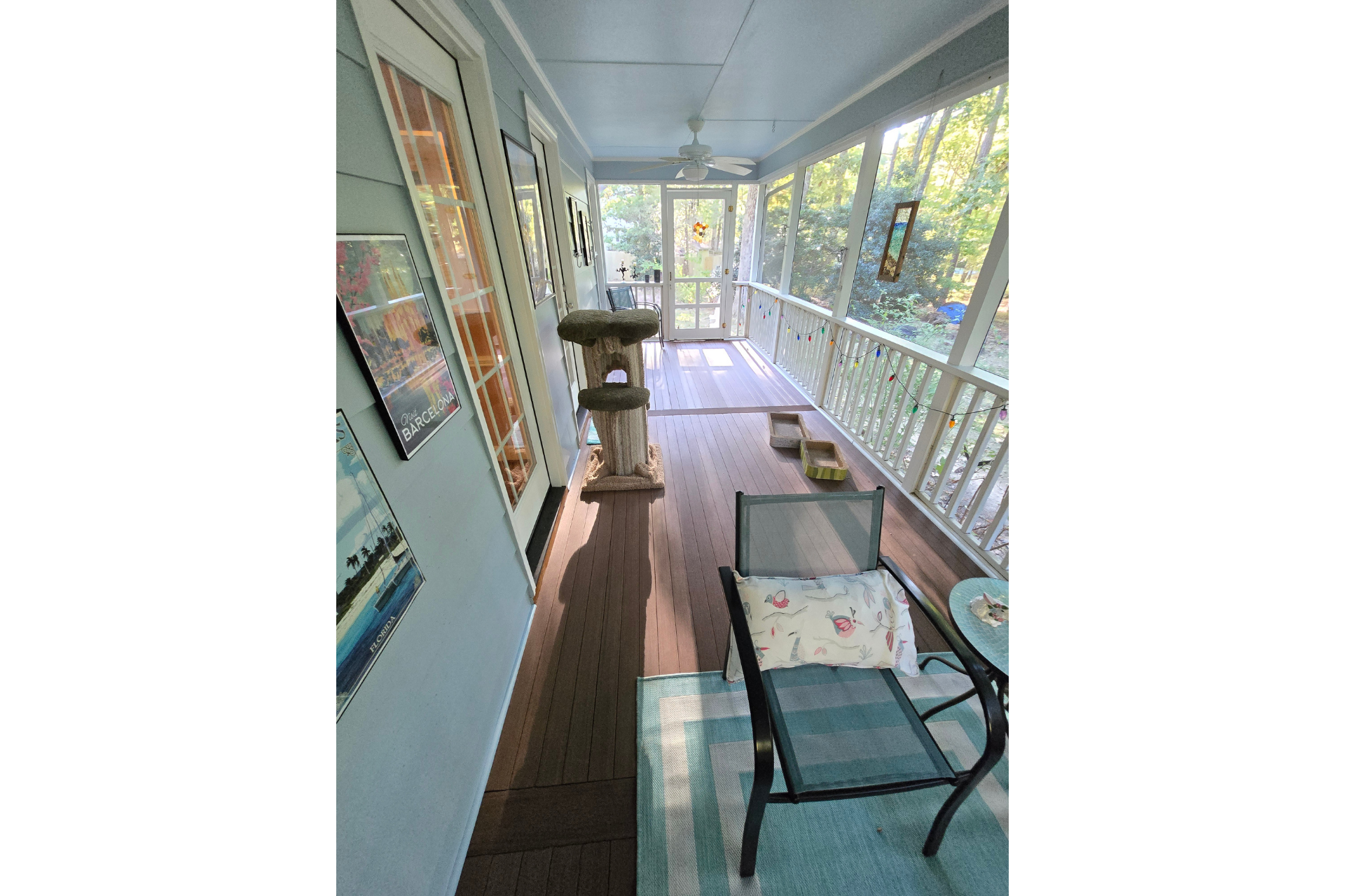 A screened-in porch with wood-look flooring, a cat tree, a chair, and a rug, overlooking a wooded yard.