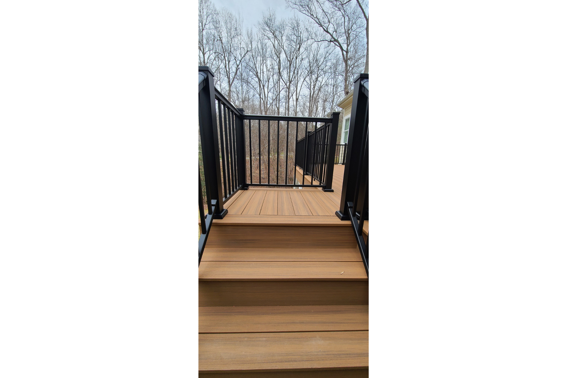 Wooden deck steps leading up to a platform with a black railing, overlooking a background of trees.