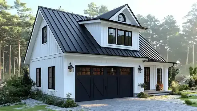 A white home with a black garage has a new metal roof. 