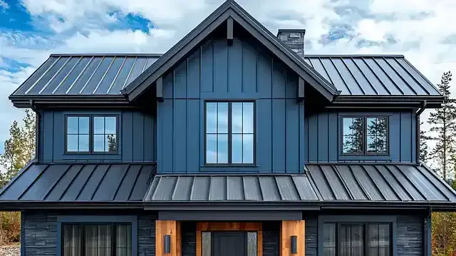 A close up of a metal roof of a building.