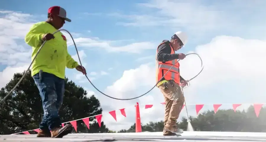 An aerial view of a white roof with trees in the background.
