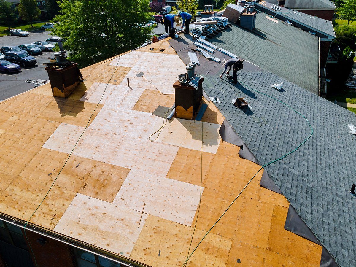 A group of people are working on the roof of a building.