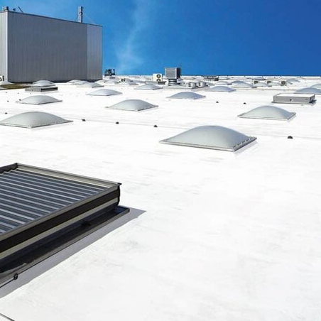 A white roof with a lot of skylights on it
