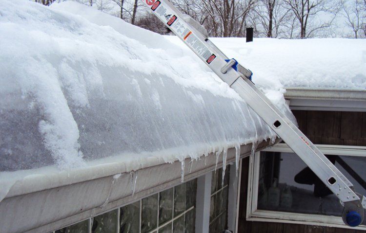 A ladder is being used to remove snow from a roof