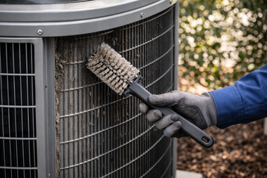Gloved hand cleaning an outdoor air conditioner coil with a brush