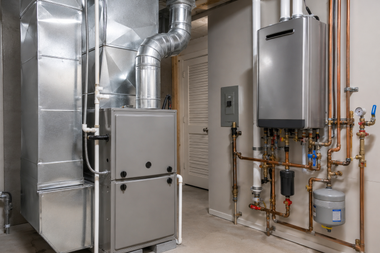 Basement utility room with HVAC furnace, ductwork, water heater, and plumbing equipment.