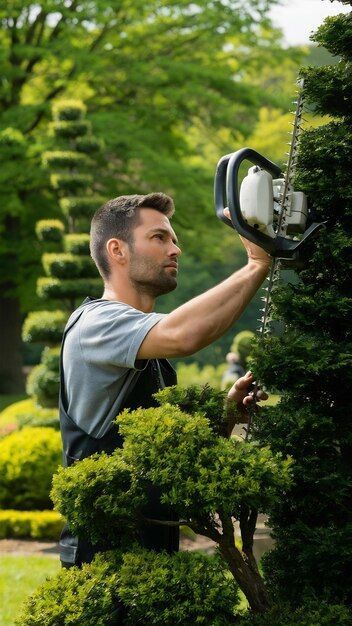 skilful male landscaper using high altitude hedge trimmer