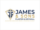 Logo for James & Sons, Plaster & Drywall. Navy and gold colors, features a diamond-shaped emblem with initials "JS."