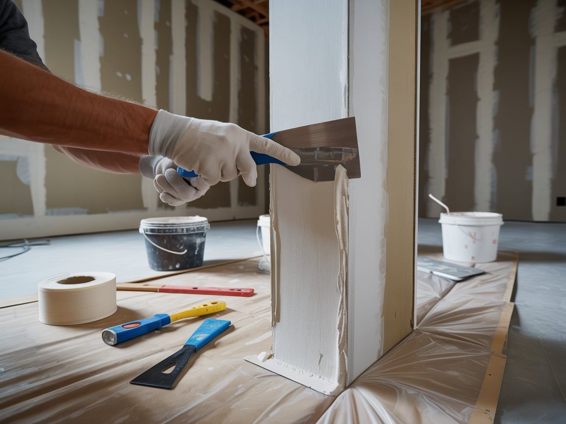 Person using a putty knife to apply drywall compound to a column in a construction setting.