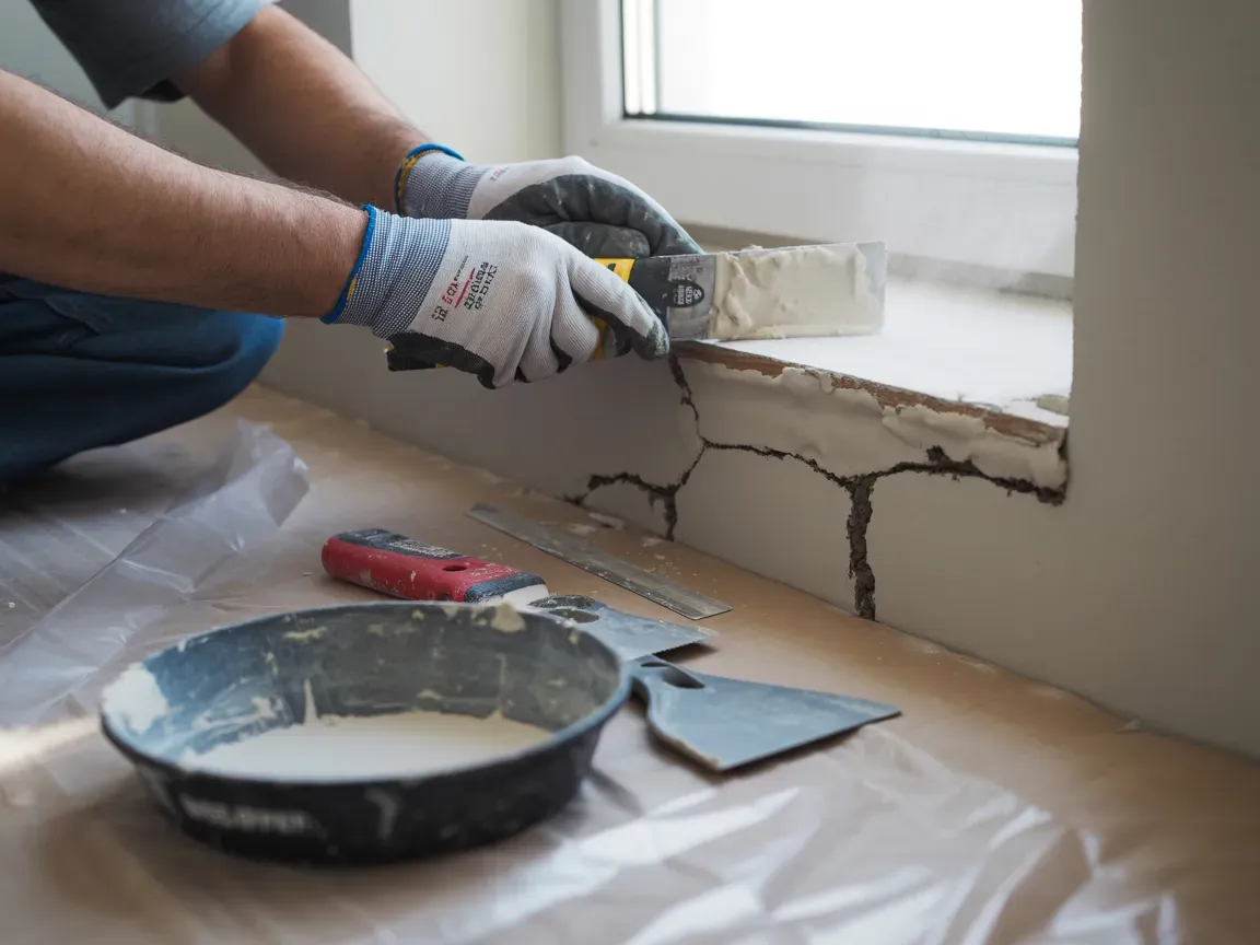 Person repairing cracked windowsill with tools and plaster.
