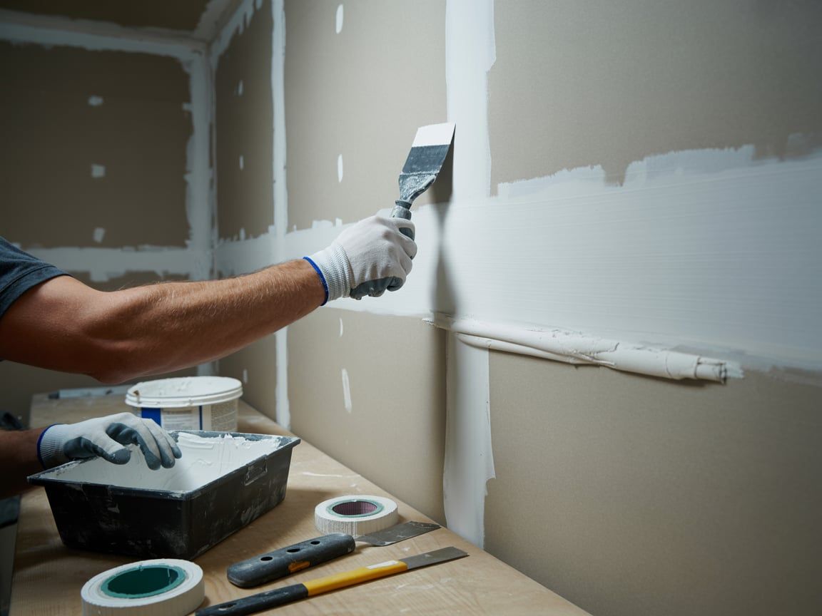 Person applying drywall compound to a wall with a trowel, wearing gloves.