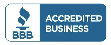 BBB Accredited Business logo, blue and white. Contains a torch and text.