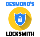 A logo for desmond 's locksmith with a blue shield with a padlock on it